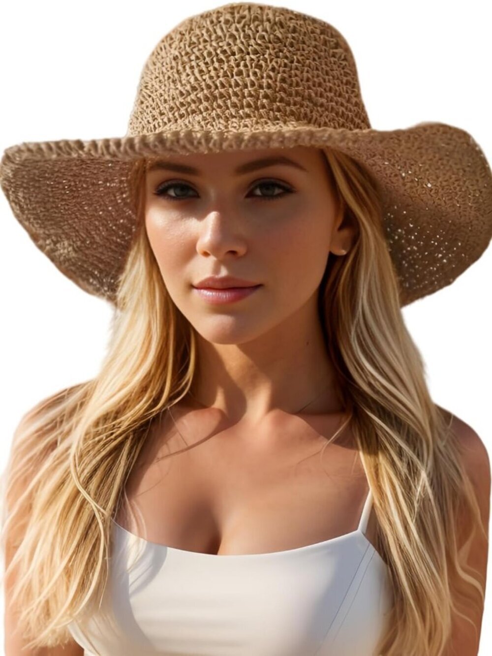 Women Foldable Summer Wide Brim Packable Sun Hat Travel Straw Fedora Hat Khaki4